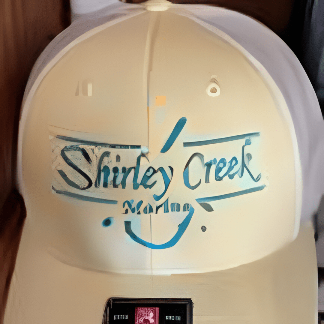 Beige cap with blue text design