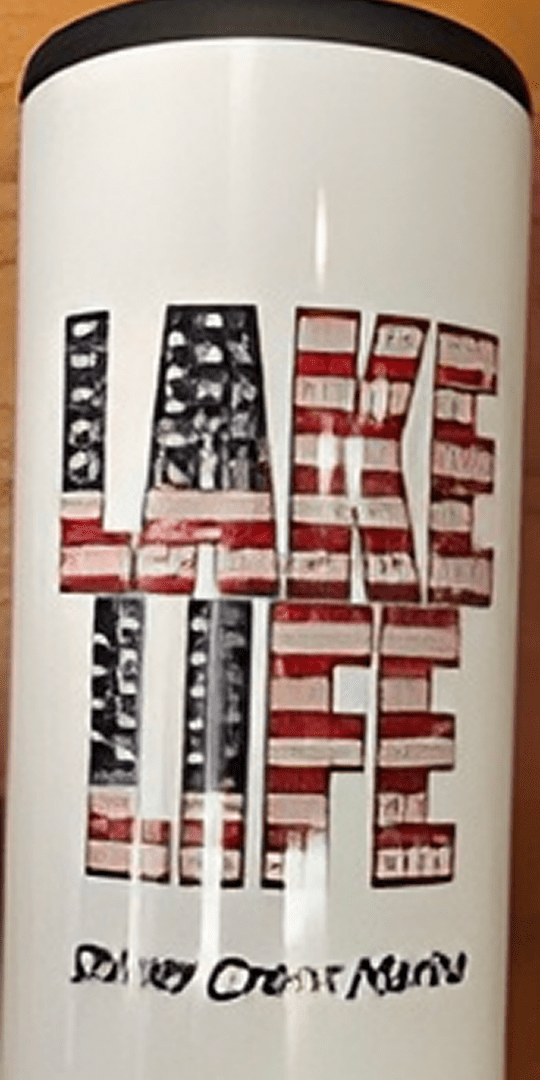 Patriotic-themed Lake Life travel mug