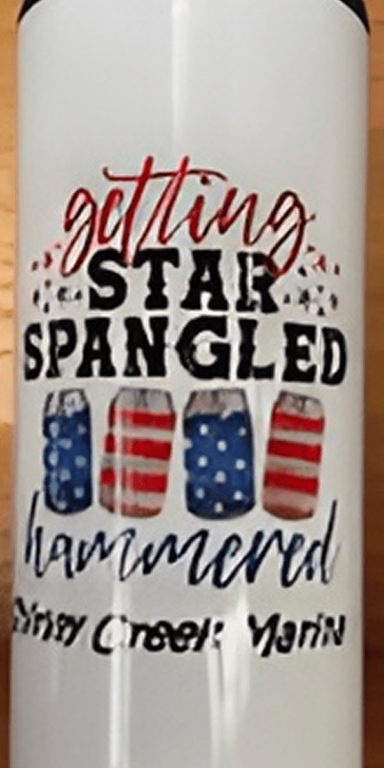 Patriotic beverage tumbler with festive text