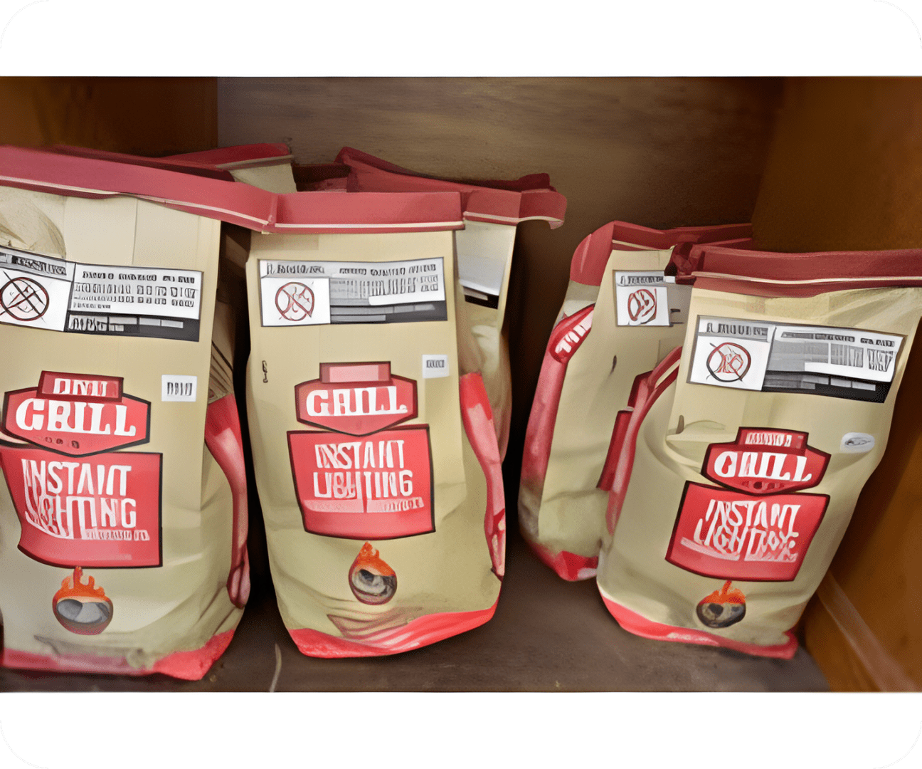 Instant lighting charcoal bags on shelf