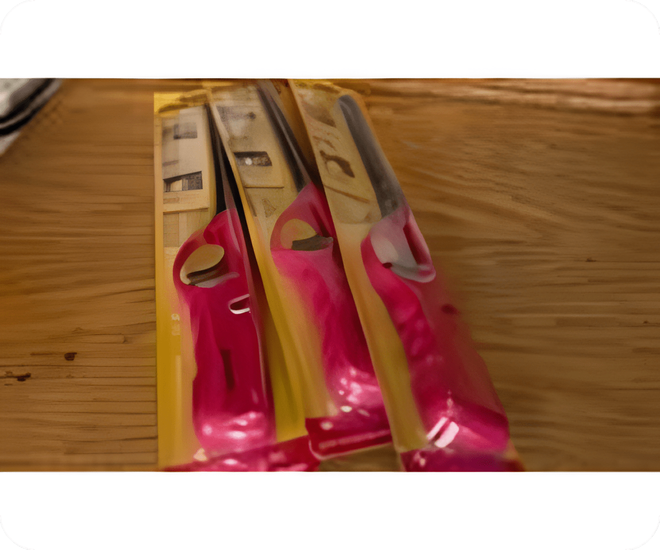 Packaged pink lighters on wooden surface