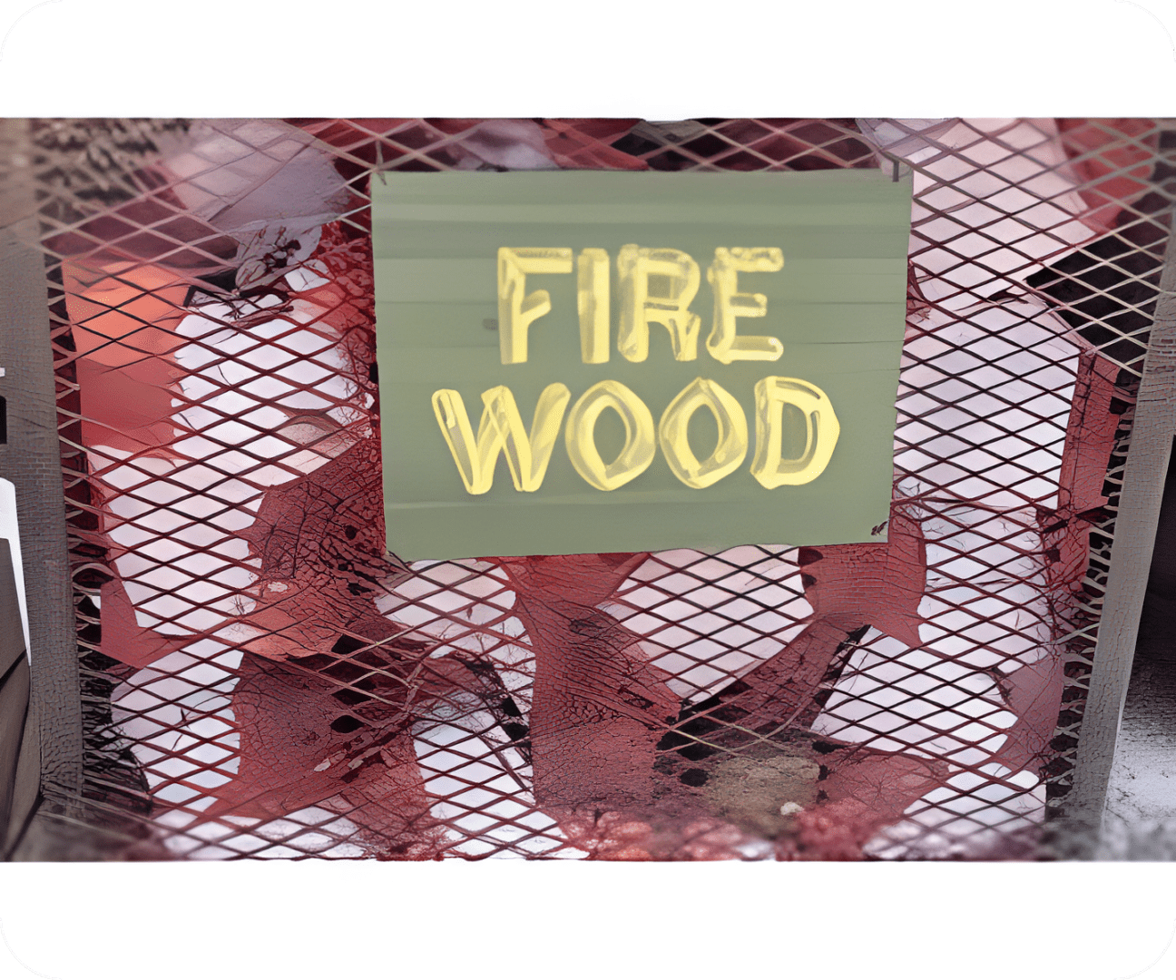 Stacked firewood with green sign