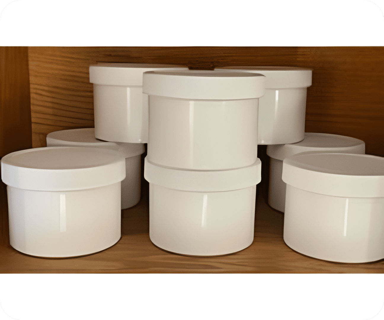 White jars stacked on wooden shelf