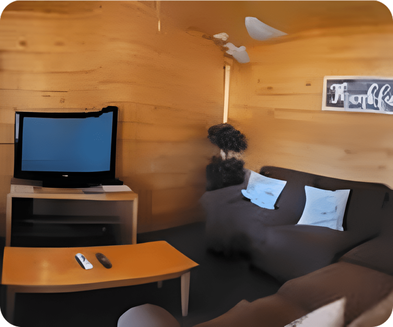 Cozy living room with wooden walls